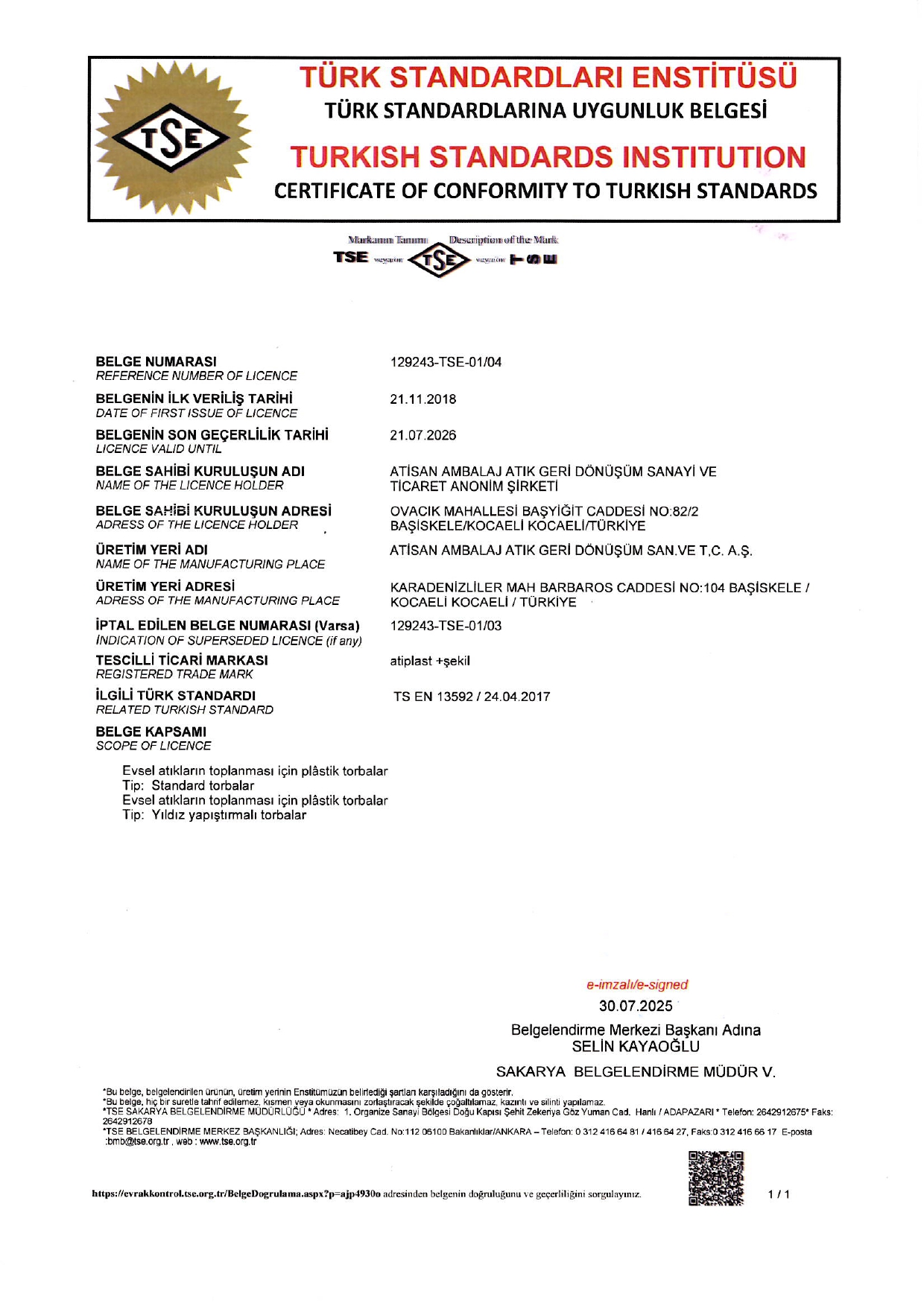 TS EN 13592 Ürün Uygunluk Belgesi