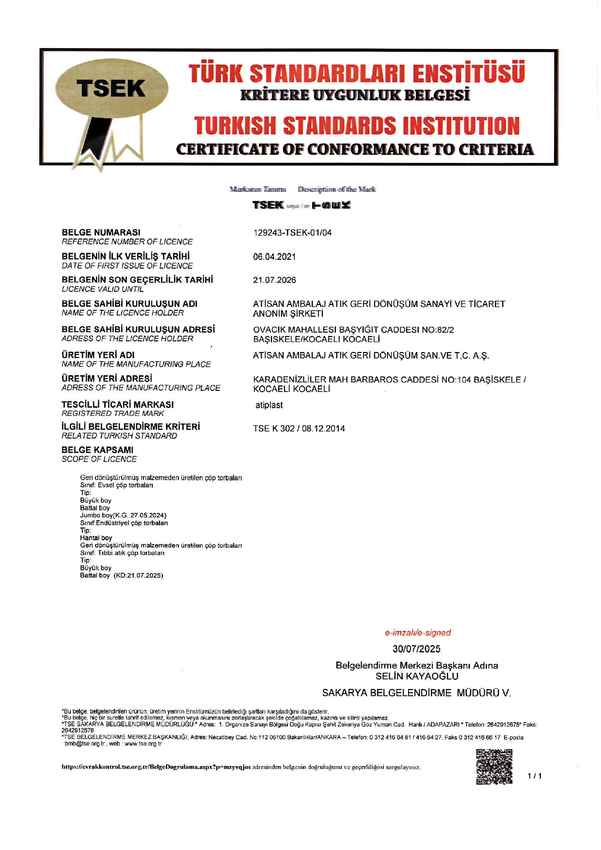 TSE K 302 Ürün Uygunluk Belgesi
